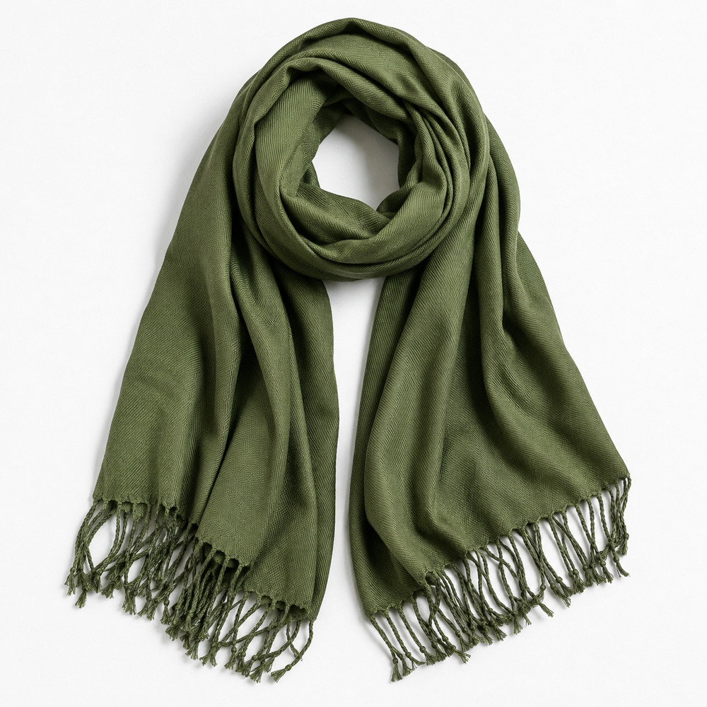Olive Green Twill Scarf Long Rectangle Wrap Shawl Fringe Solid Green 80"x28"
